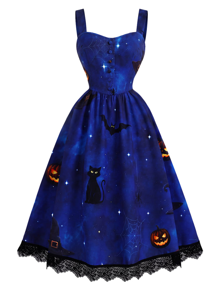 40er Latzkleid mit Katzen-Kürbisprint und Spitzenbesatz