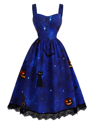40er Latzkleid mit Katzen-Kürbisprint und Spitzenbesatz