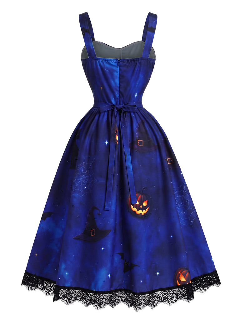 40er Halloween-Set aus Katzen-Kürbis-Kleid und Bluse mit Virago-Ärmeln