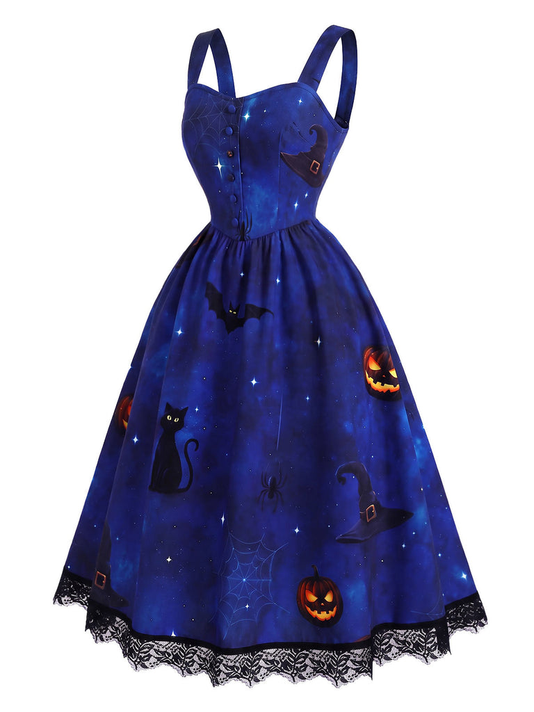 40er Halloween-Set aus Katzen-Kürbis-Kleid und Bluse mit Virago-Ärmeln