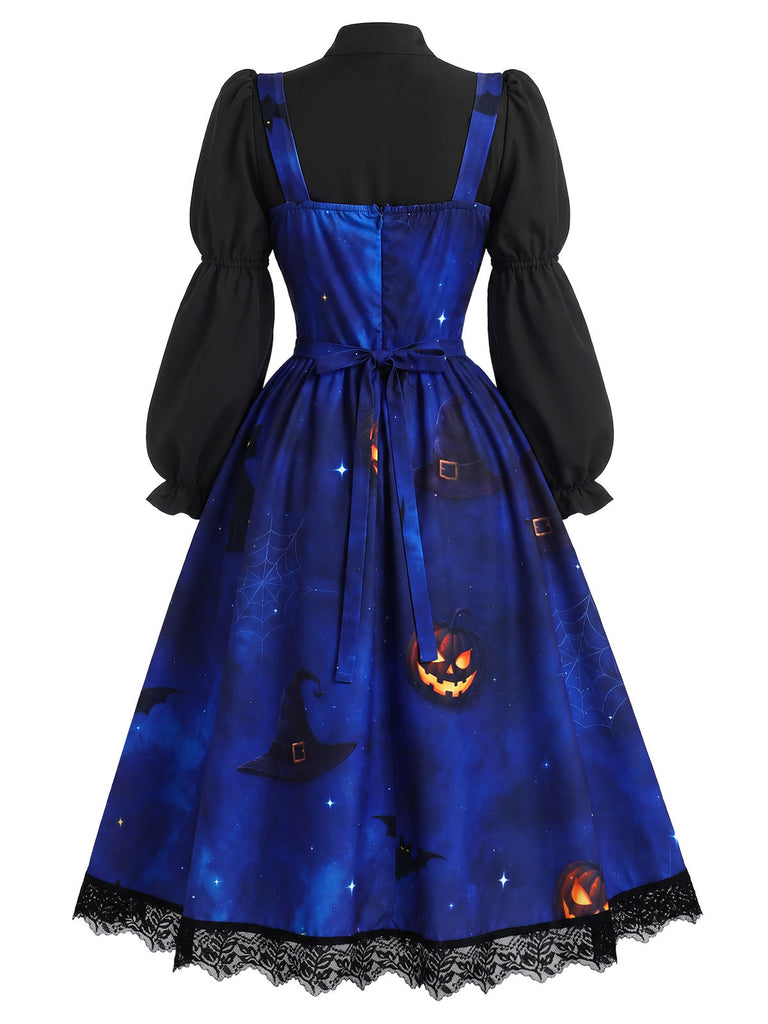 40er Halloween-Set aus Katzen-Kürbis-Kleid und Bluse mit Virago-Ärmeln