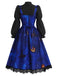 40er Halloween-Set aus Katzen-Kürbis-Kleid und Bluse mit Virago-Ärmeln
