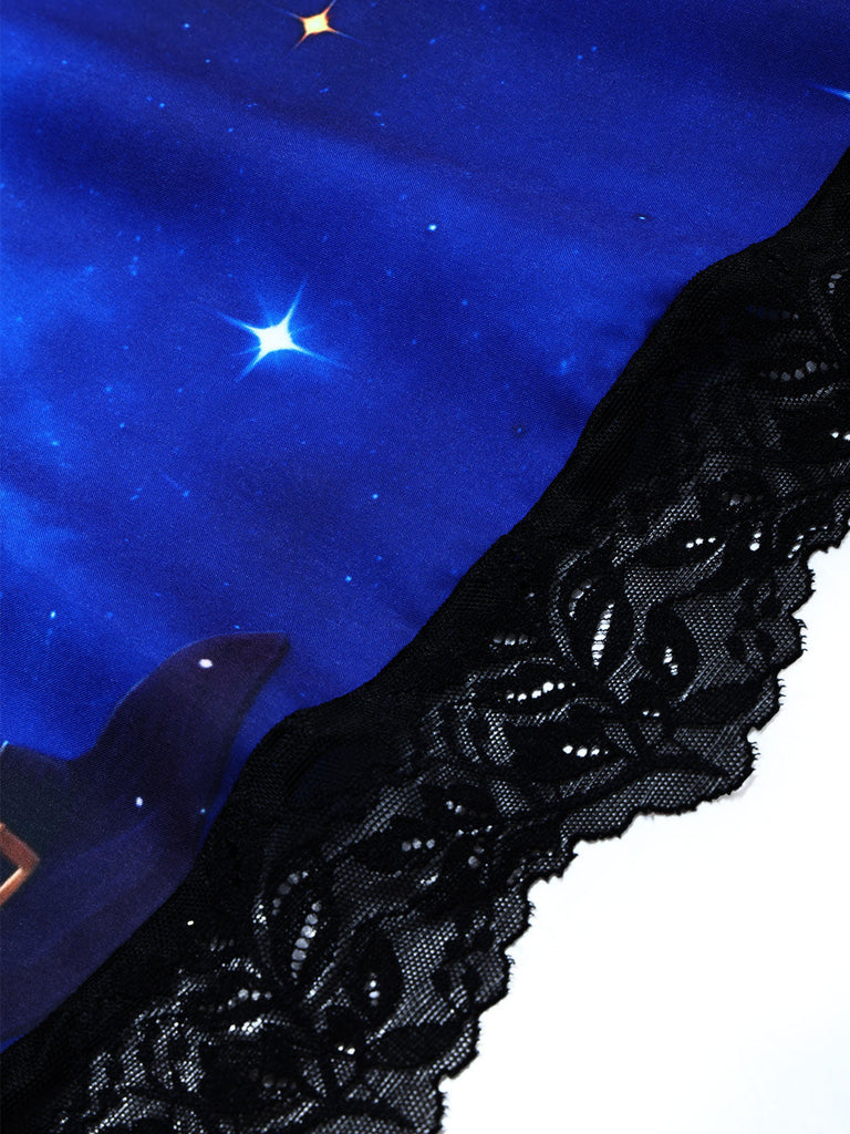 40er Latzkleid mit Katzen-Kürbisprint und Spitzenbesatz