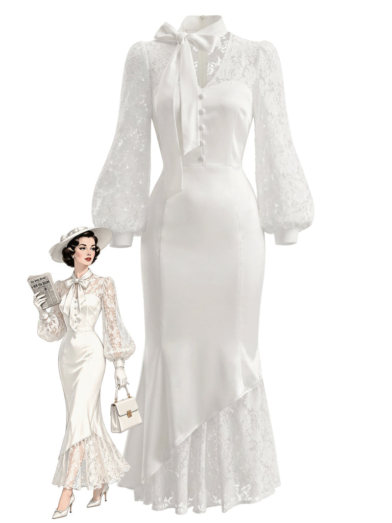 Weißes 30er Satin-Meerjungfrauenkleid mit Puffärmel und Schleife