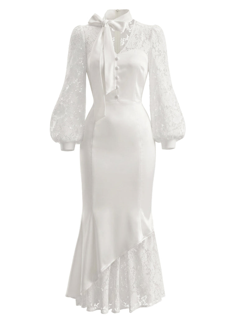 Weißes 30er Satin-Meerjungfrauenkleid mit Puffärmel und Schleife
