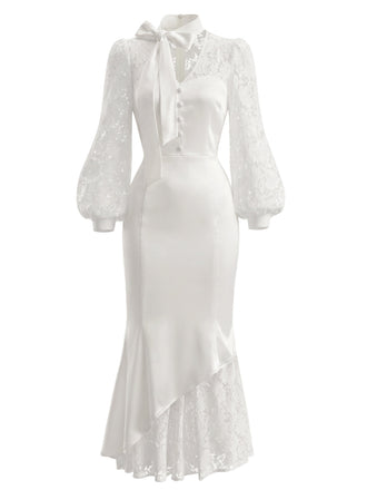 Weißes 30er Satin-Meerjungfrauenkleid mit Puffärmel und Schleife