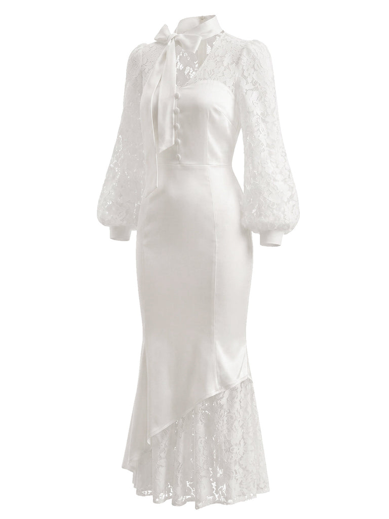 Weißes 30er Satin-Meerjungfrauenkleid mit Puffärmel und Schleife