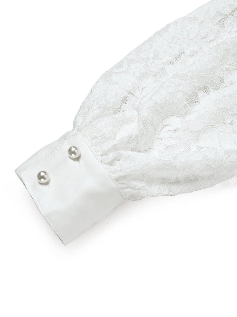 Weißes 30er Satin-Meerjungfrauenkleid mit Puffärmel und Schleife