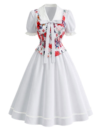 50er Set mit Blumenkorsett & weißem Schleifenkleid