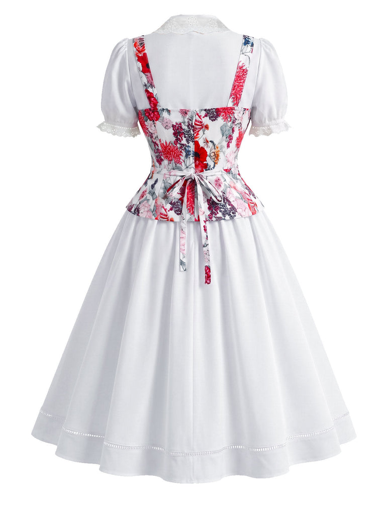 50er Set mit Blumenkorsett & weißem Schleifenkleid