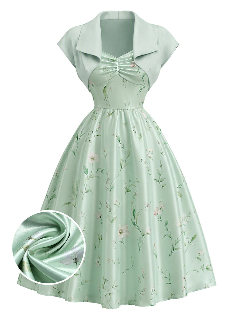 40er Set mit Bolerojacke und Satin-Blumenkleid mit Herzausschnitt
