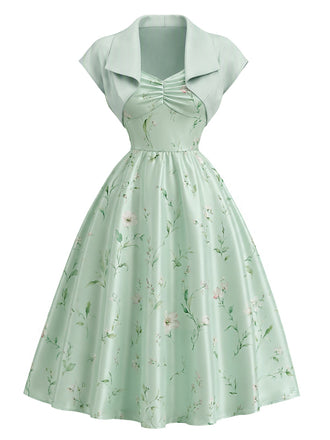 40er Set mit Bolerojacke und Satin-Blumenkleid mit Herzausschnitt