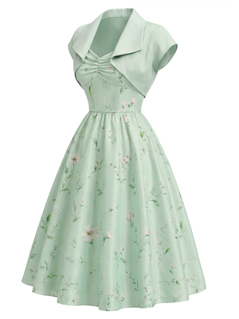 40er Set mit Bolerojacke und Satin-Blumenkleid mit Herzausschnitt
