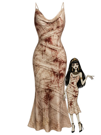 60er Kleid mit blutigem Bandagenprint und Wasserfallausschnitt