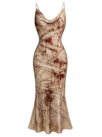 60er Kleid mit blutigem Bandagenprint und Wasserfallausschnitt