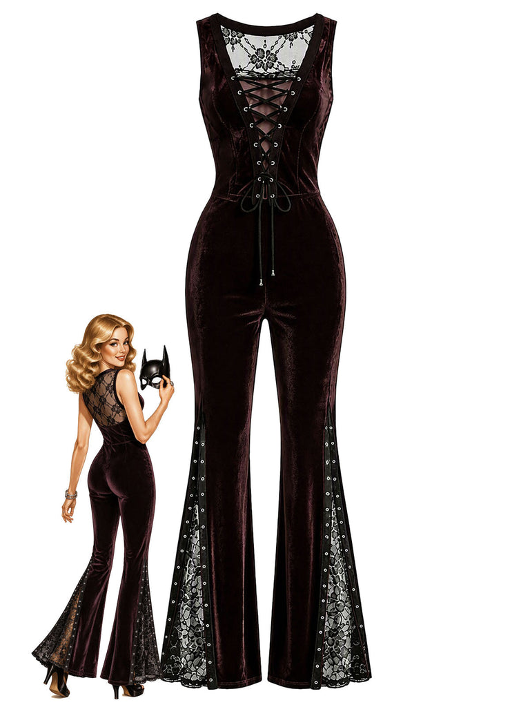 60er ärmelloser Samt-Jumpsuit mit Schlag und floraler Spitze