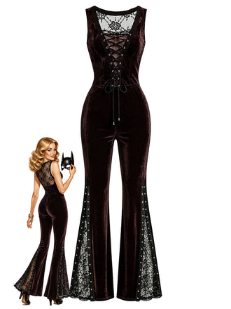 60er ärmelloser Samt-Jumpsuit mit Schlag und floraler Spitze
