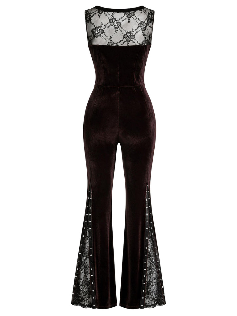 60er ärmelloser Samt-Jumpsuit mit Schlag und floraler Spitze