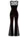 60er ärmelloser Samt-Jumpsuit mit Schlag und floraler Spitze