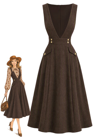 Braunes 70er Trägerkleid mit Zierknöpfen und Taschen