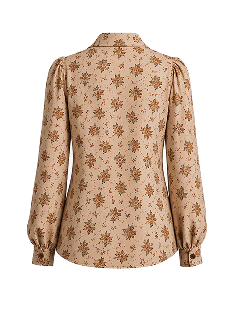 Mehrfarbige 70er Langarm-Blumenbluse mit Knopfleiste