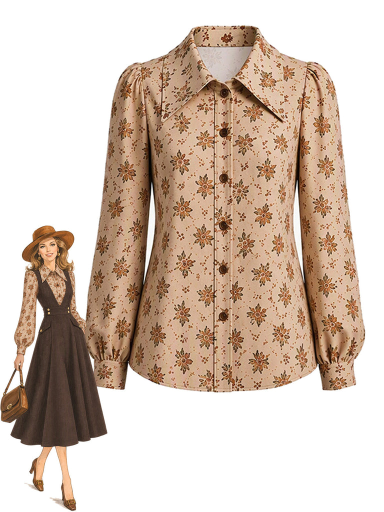 Mehrfarbige 70er Langarm-Blumenbluse mit Knopfleiste