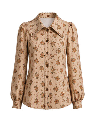 Mehrfarbige 70er Langarm-Blumenbluse mit Knopfleiste
