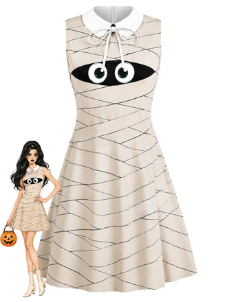 60er ärmelloses Kleid mit Mumien-Print und Peter-Pan-Kragen