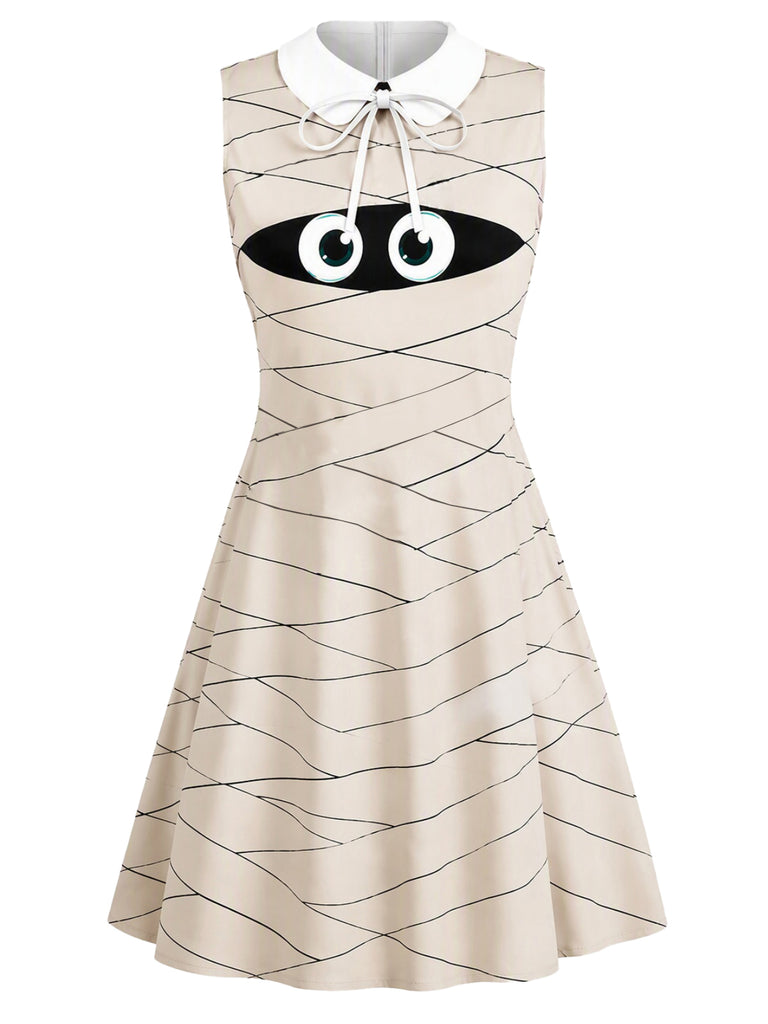 60er ärmelloses Kleid mit Mumien-Print und Peter-Pan-Kragen