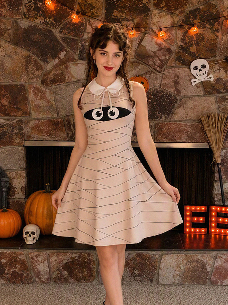 60er ärmelloses Kleid mit Mumien-Print und Peter-Pan-Kragen