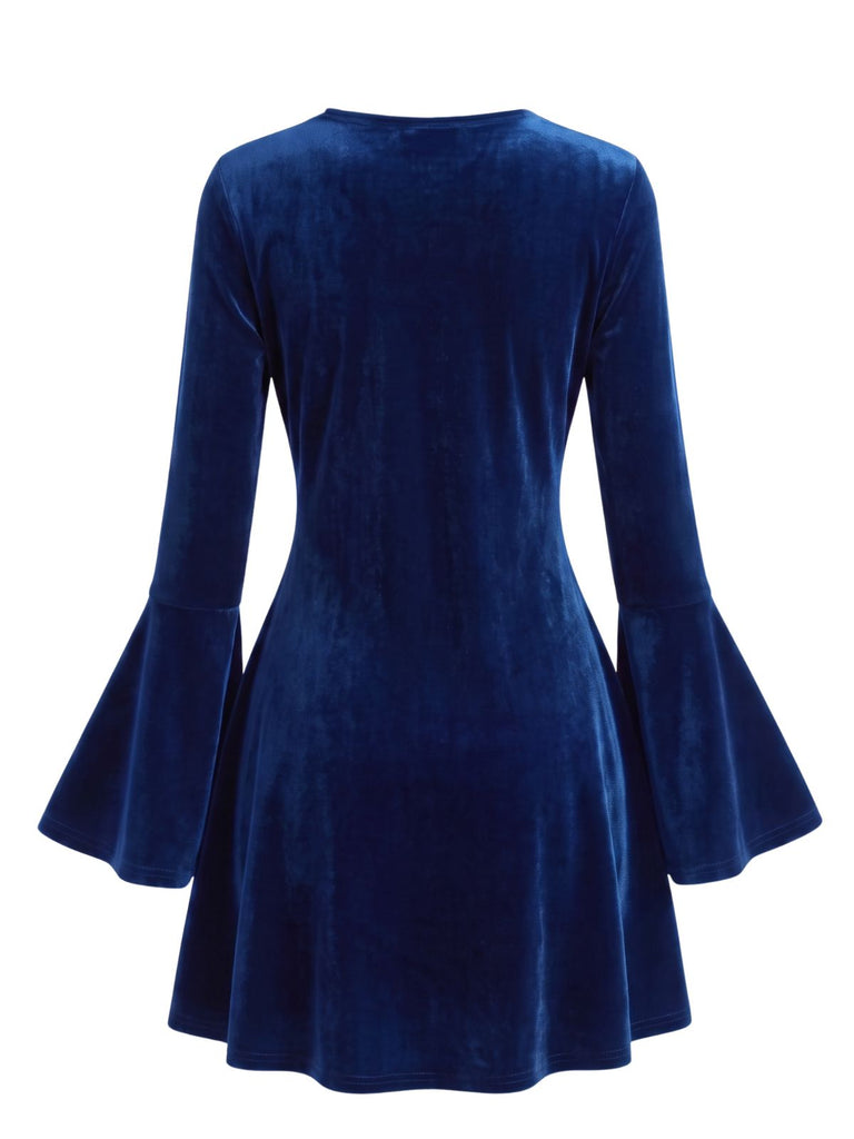 30er Samt-Minikleid mit Perlen am V-Ausschnitt und Glockenärmeln