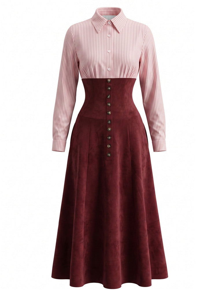 30er Shirtkleid mit Streifen und Wildleder-Patchwork