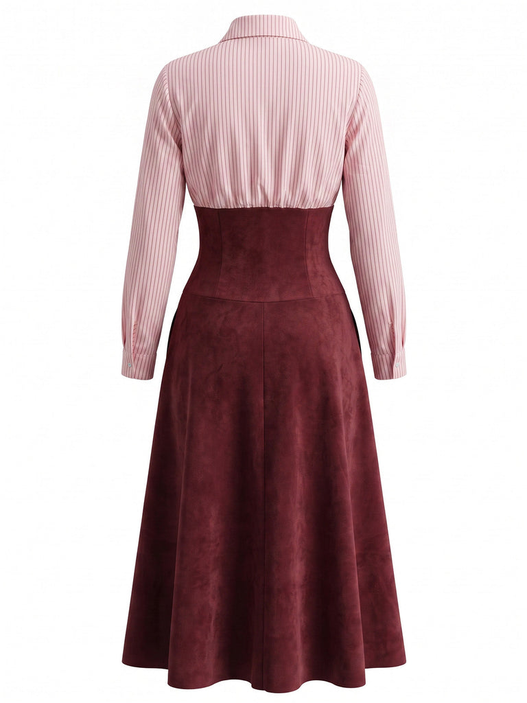 30er Shirtkleid mit Streifen und Wildleder-Patchwork