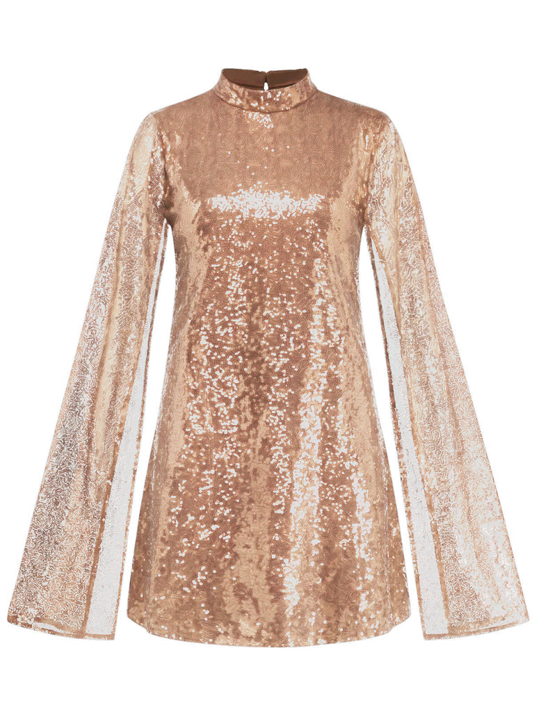 30er Paillettenkleid mit Stehkragen und Glockenärmeln
