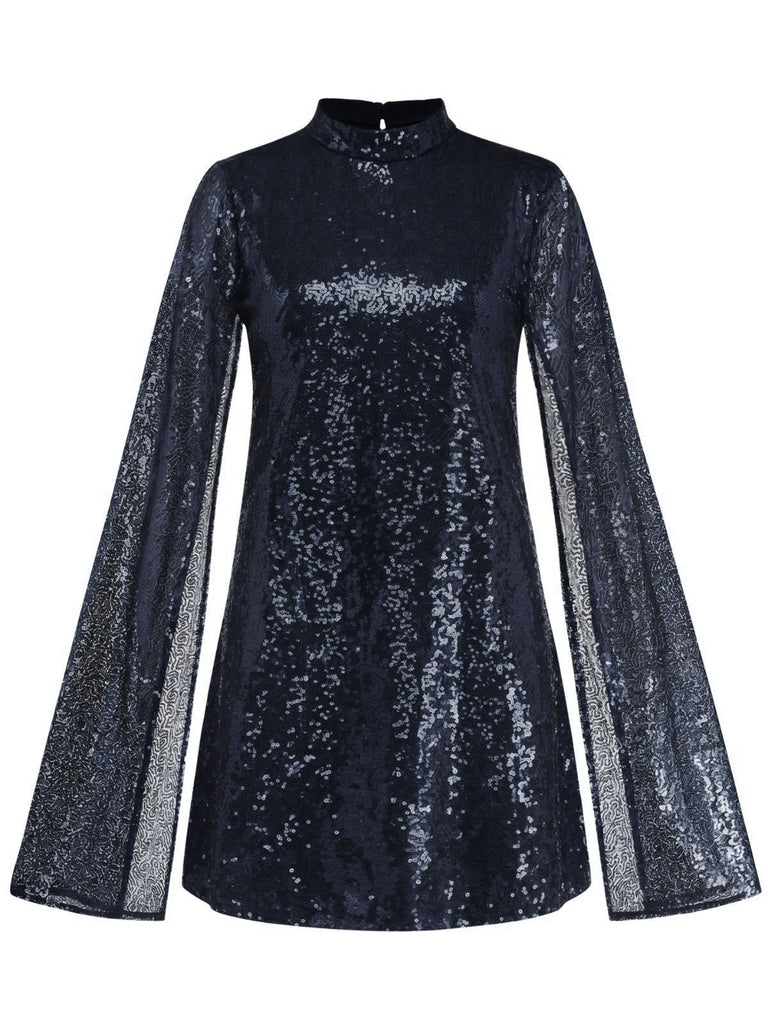 30er Paillettenkleid mit Stehkragen und Glockenärmeln