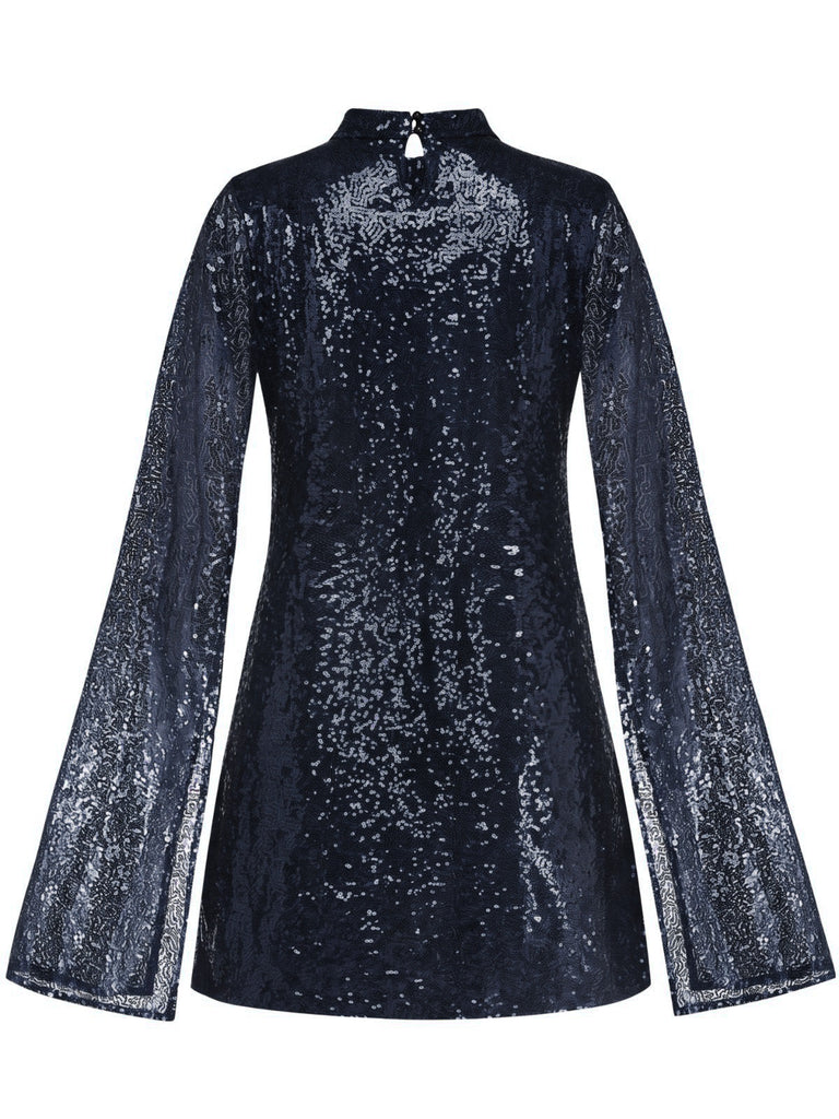 30er Paillettenkleid mit Stehkragen und Glockenärmeln