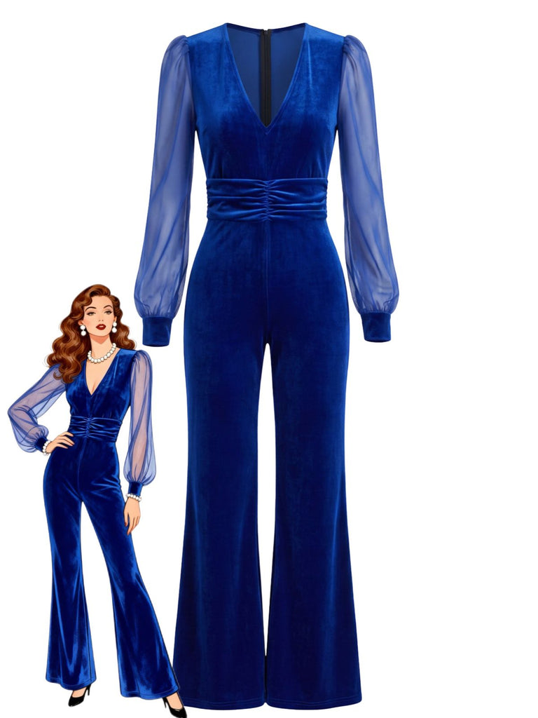 40er Samt-Jumpsuit mit transparenten Ärmeln und ausgestelltem Bein