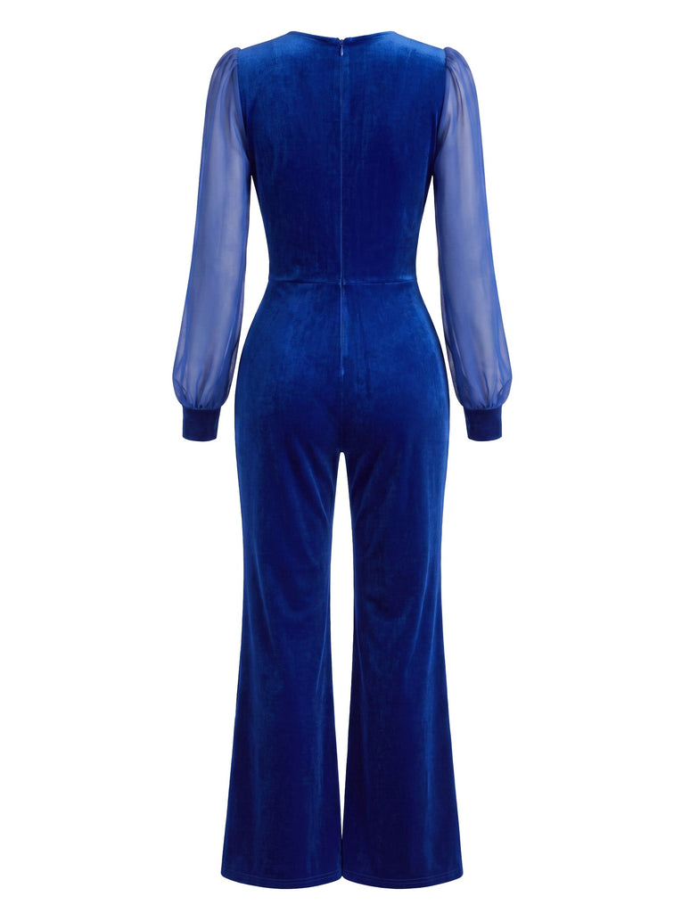 40er Samt-Jumpsuit mit transparenten Ärmeln und ausgestelltem Bein