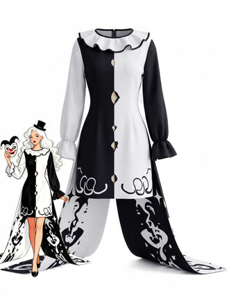 Schwarz-weißes 50er Horrorclown-Kleid mit Rüschenkragen