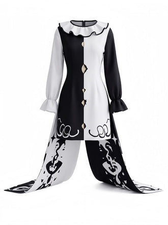 Schwarz-weißes 50er Horrorclown-Kleid mit Rüschenkragen