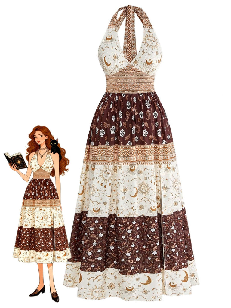 Braunes 70er Boho Smockkleid mit Blumen sowie Sternen und Mond