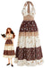 Braunes 70er Boho Smockkleid mit Blumen sowie Sternen und Mond