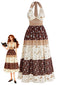 Braunes 70er Boho Smockkleid mit Blumen sowie Sternen und Mond