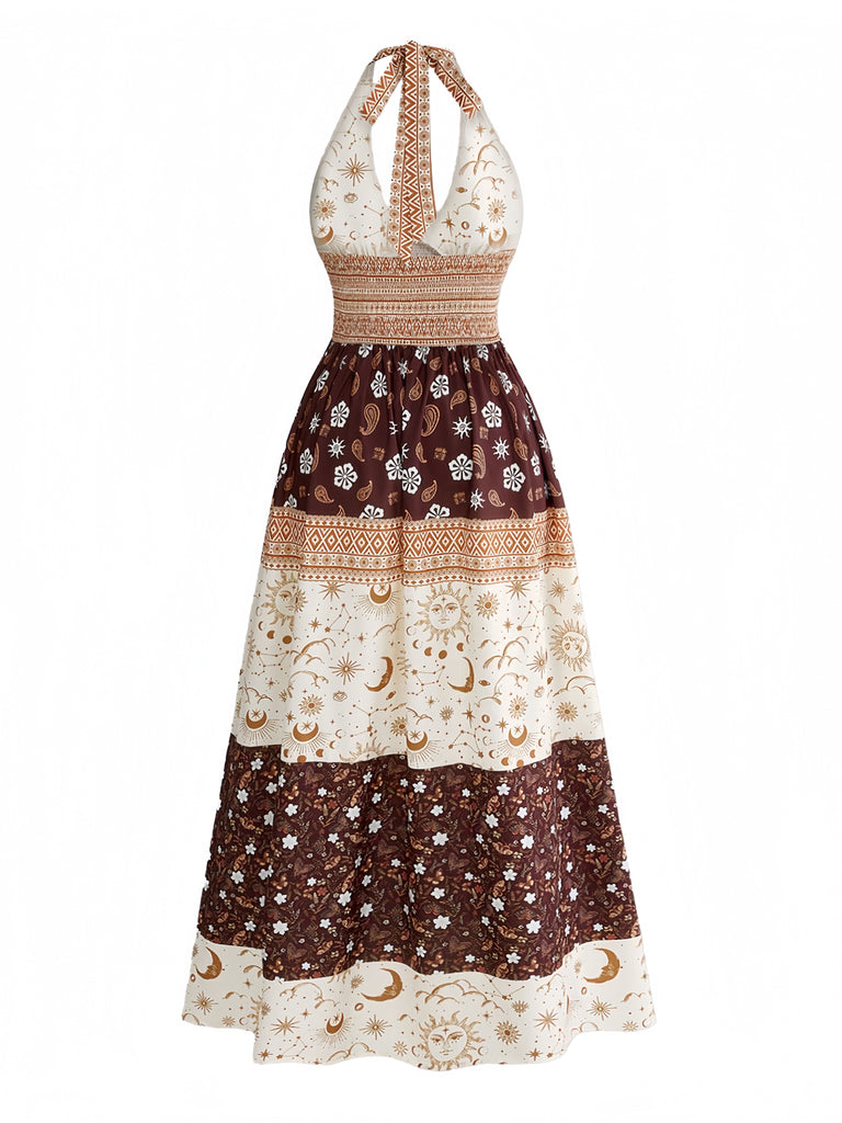 Braunes 70er Boho Smockkleid mit Blumen sowie Sternen und Mond