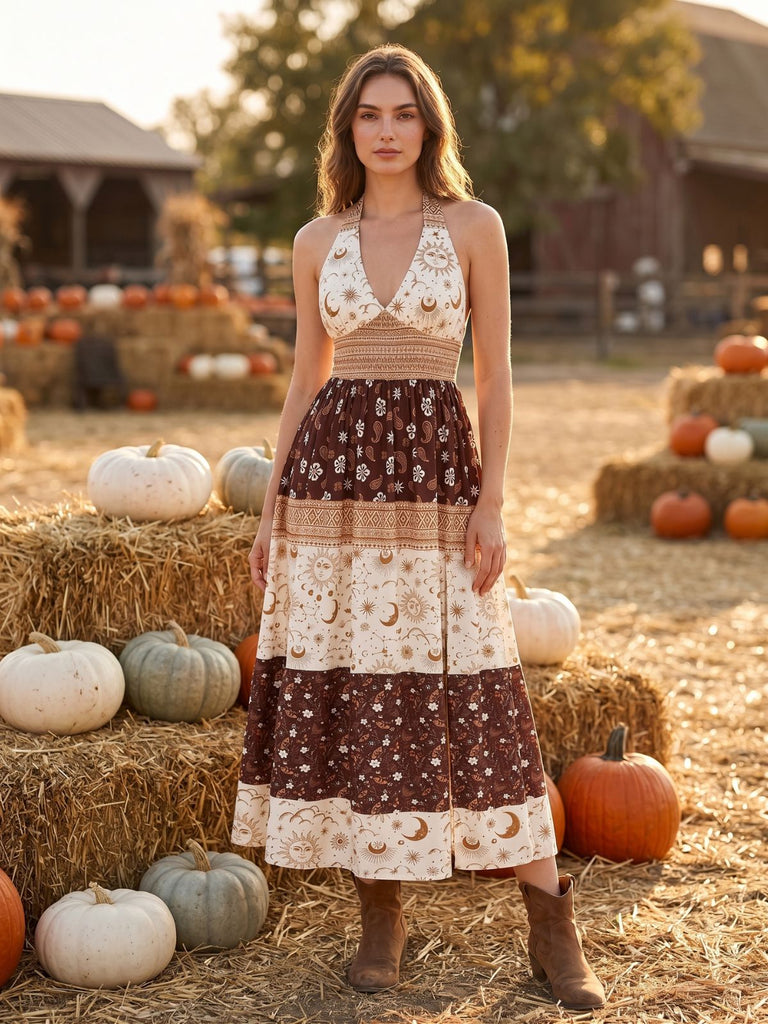 Braunes 70er Boho Smockkleid mit Blumen sowie Sternen und Mond