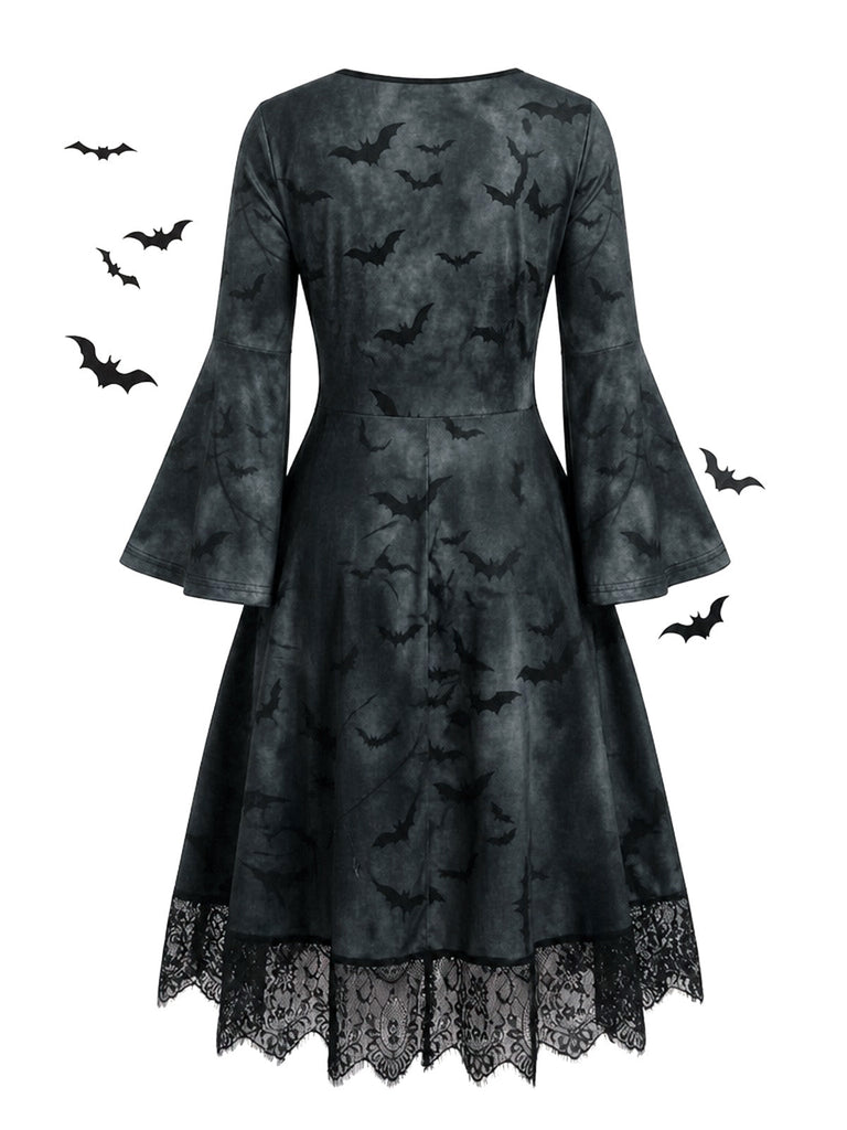 50er Gothic Halloween Skelett-Kleid mit Glockenärmeln