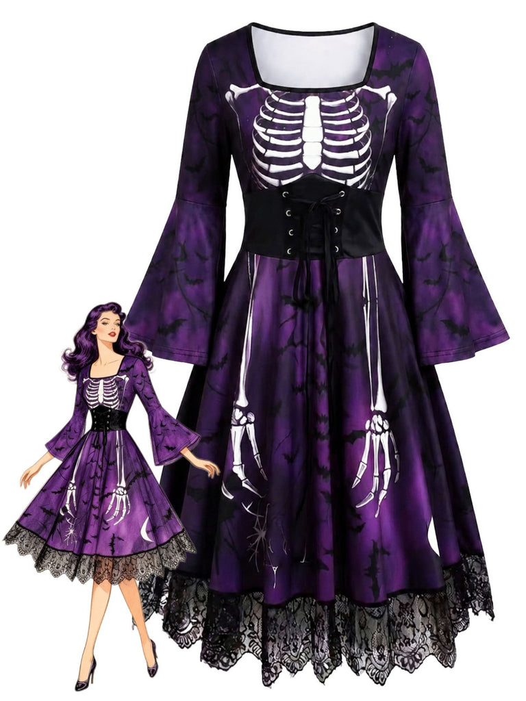 50er Gothic Halloween Skelett-Kleid mit Glockenärmeln