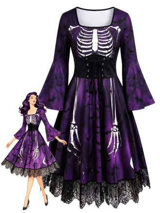 50er Gothic Halloween Skelett-Kleid mit Glockenärmeln