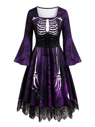 50er Gothic Halloween Skelett-Kleid mit Glockenärmeln