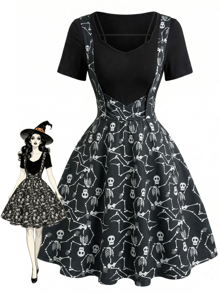 50er Pilz-Gothic-Kleid mit V-Ausschnitt und Fake-Zweiteiler
